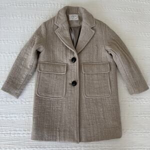 Zara Kids Wool Blend Pea Coat Rustic Beige Oatmeal Crosshatch Button Up Size 8